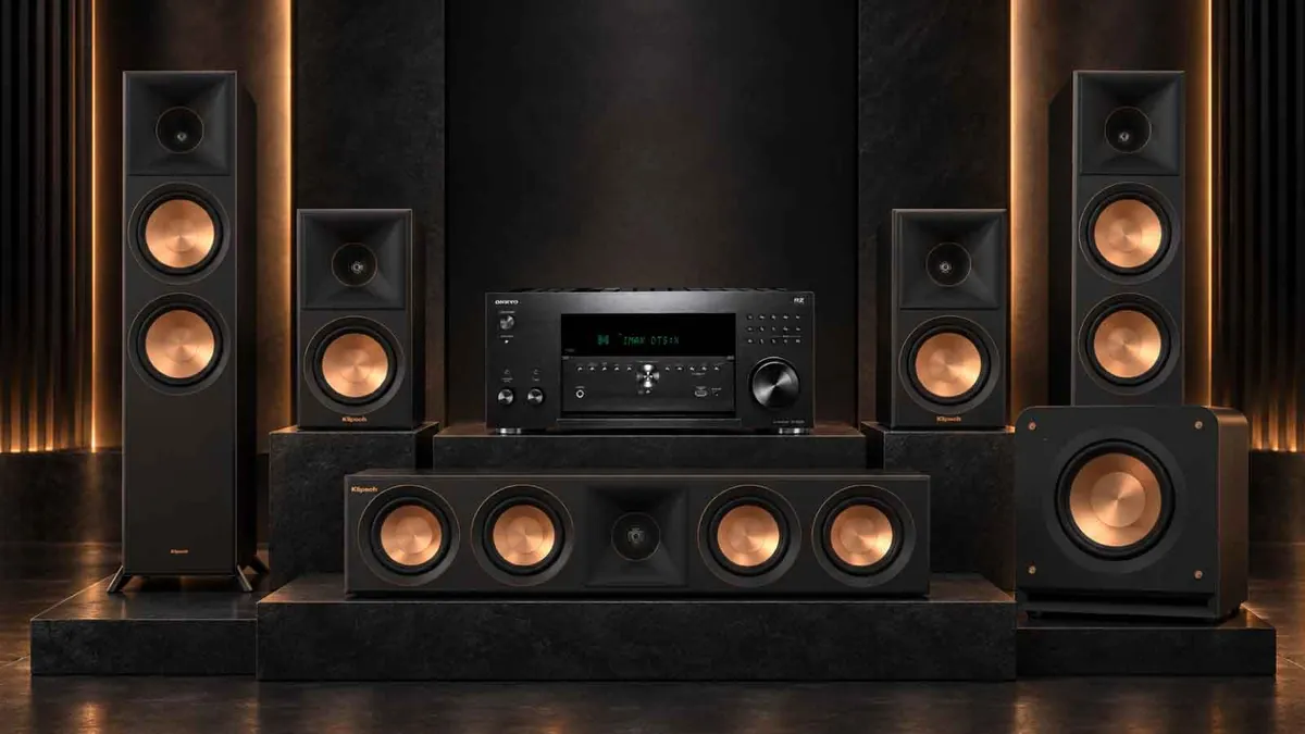 ชุดลำโพงโฮมเธียเตอร์ Klipsch พร้อม AV Receiver Onkyo บนแท่นโทนดำและแสงทองแดง