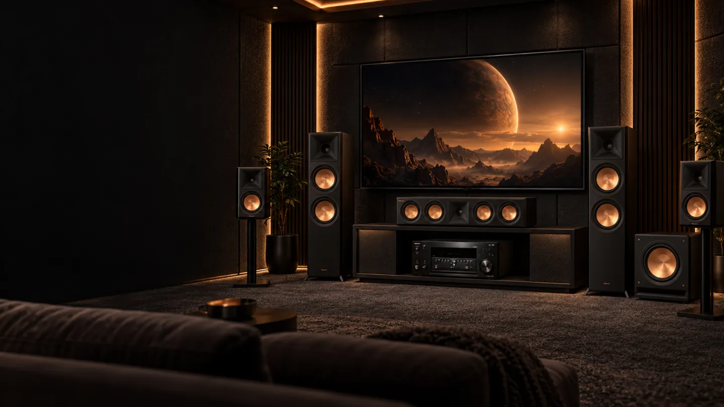 ห้องโฮมเธียเตอร์โทนดำและไม้ พร้อมชุดลำโพงสีทองแดง จอภาพ และ AV Receiver