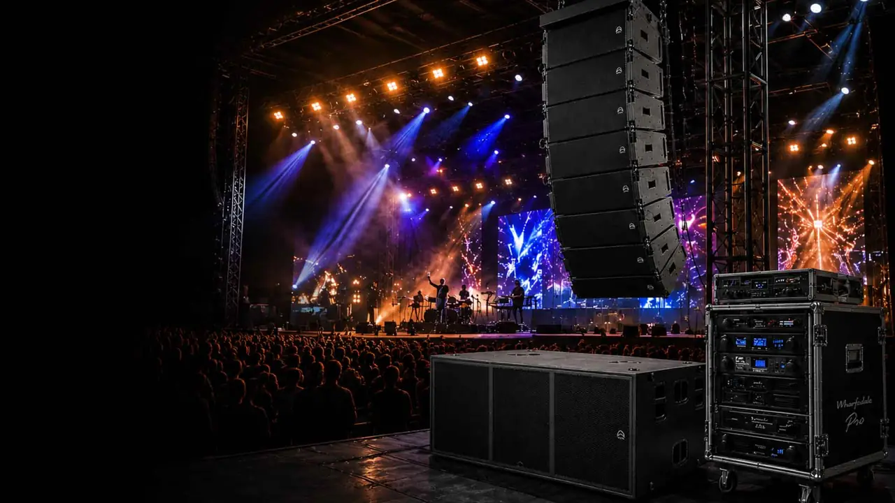 ระบบ Wharfedale Pro Line Array แขวนบนเวทีคอนเสิร์ต พร้อม Subwoofer และ Rack Amplifier
